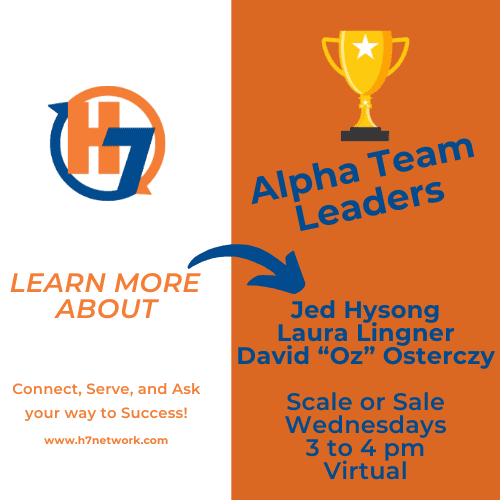 Jed Hysong, Hyland Finance & Operations, David "Oz" Osterczy, NoMoSa, and Laura Lingner, Lifetime Financial Growth, the trailblazing leaders of the Alpha Team within the H7 Network. Jed and Laura demonstrate strong leadership and teamwork.