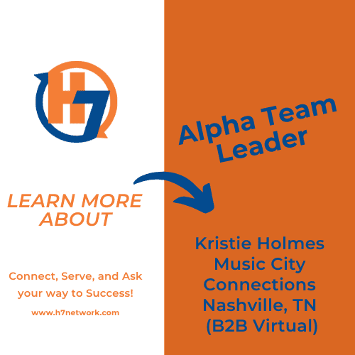 Building Strong Relationships for Business Success 1 Kristie Holmes, with the HR Dept, in Nashville, TN is building the H7 Network B2B program for the community. She, along with her Alpha Team, will be running a H7 B2B Music City Connection meeting weekly in Nashville but virtual.